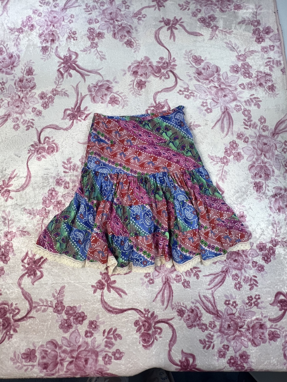Blue Plate Boho Patchwork Cotton Mini‎ Skirt Lace Trim Pink Blue Floral PS